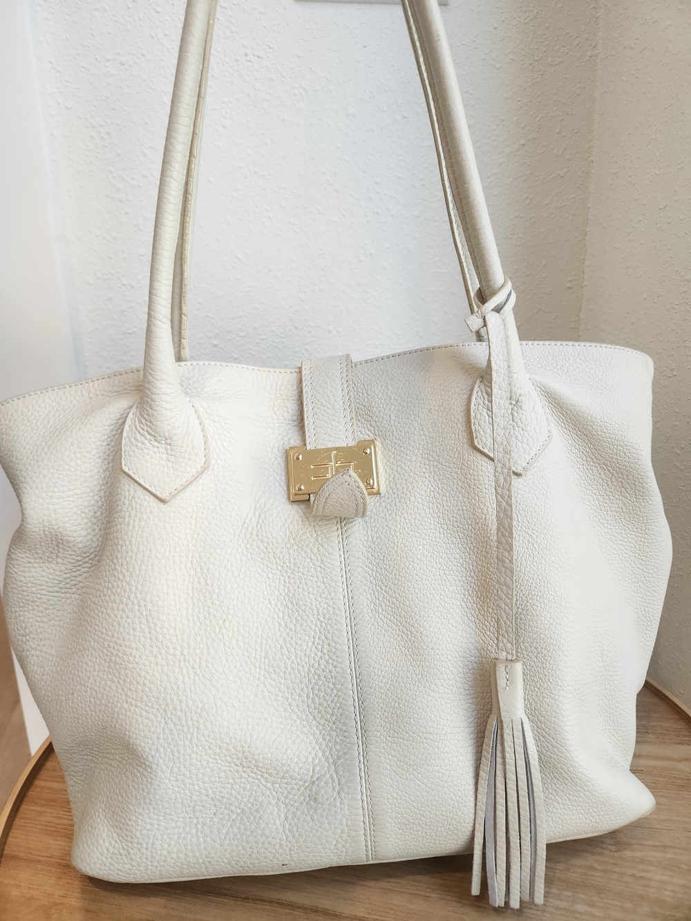Courage.B Cream Pebbls Leather Tassel Tote Bag with Gold Accent